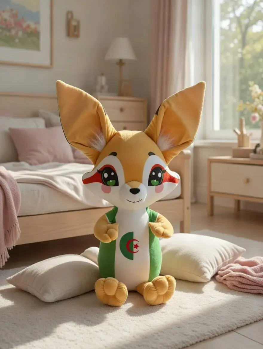 Peluche fennec d'Algérie avec le drapeau sur le cœur, doudou mascotte de foot idéal pour un enfant ou bébé de la diaspora algérienne, marque 86M.