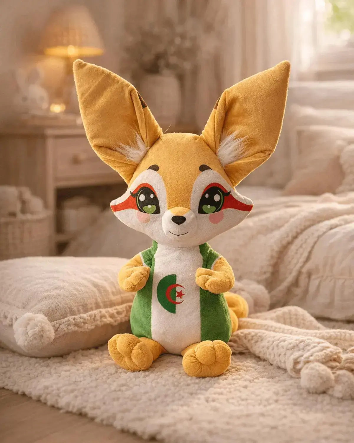 Doudou renard du désert aux couleurs de l'Algérie, accessoire et décoration de chambre d'enfant sur le thème du football algérien.