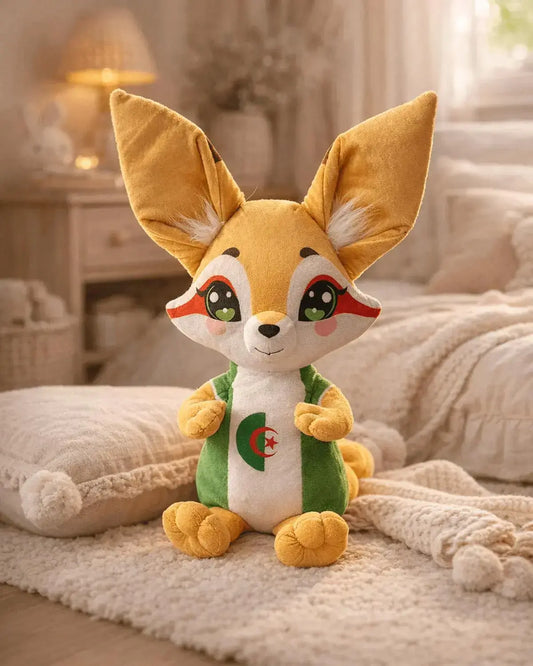 Doudou renard du désert aux couleurs de l'Algérie, accessoire et décoration de chambre d'enfant sur le thème du football algérien.