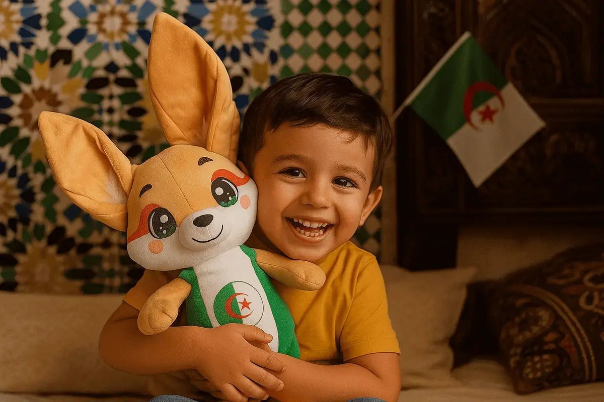 Peluche fennec d'Algérie avec le drapeau sur le cœur, doudou mascotte de foot idéal pour un enfant ou bébé de la diaspora algérienne, marque 86M.